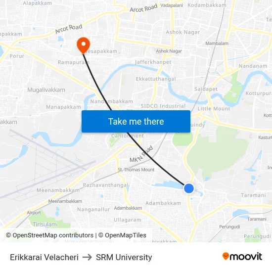 Erikkarai Velacheri to SRM University map