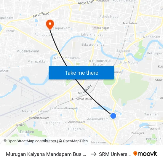 Murugan Kalyana Mandapam Bus Stop to SRM University map