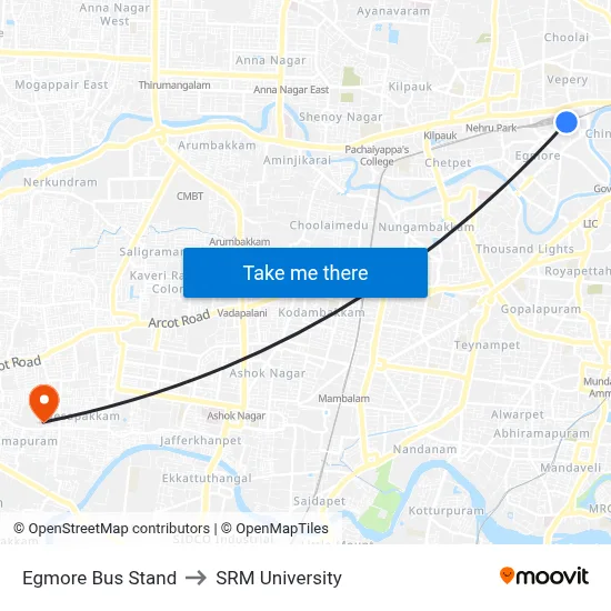 Egmore Bus Stand to SRM University map