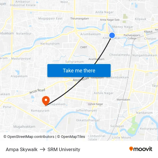 Ampa Skywalk to SRM University map