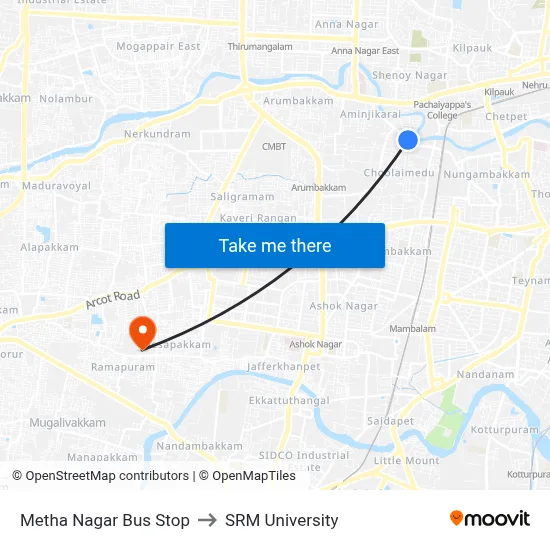 Metha Nagar Bus Stop to SRM University map