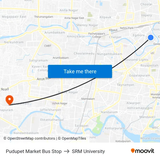 Pudupet Market Bus Stop to SRM University map