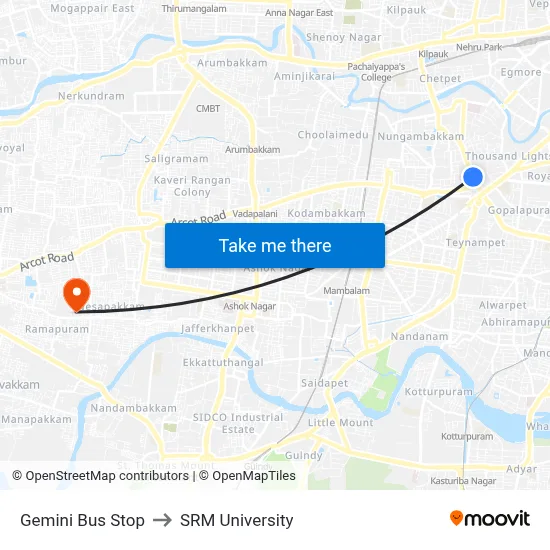 Gemini Bus Stop to SRM University map