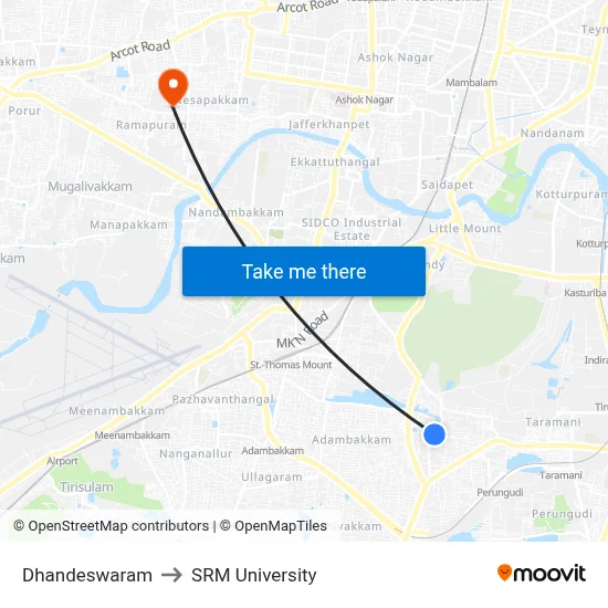 Dhandeswaram to SRM University map