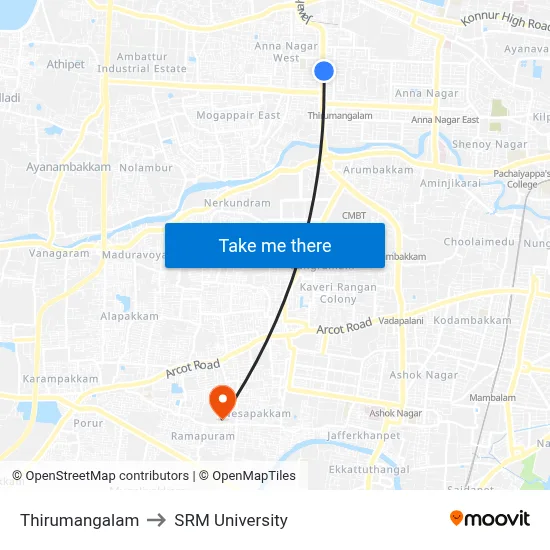 Thirumangalam to SRM University map