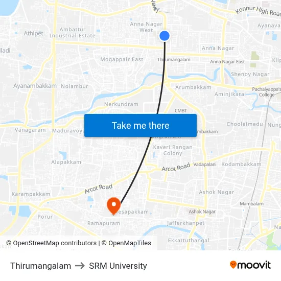 Thirumangalam to SRM University map