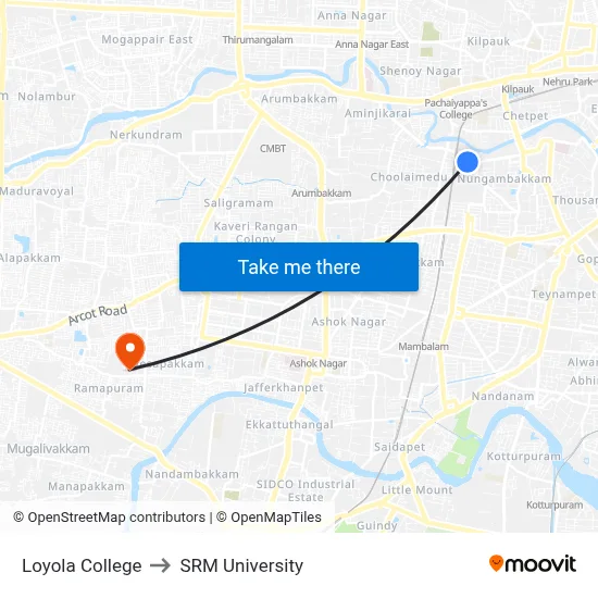 Loyola College to SRM University map