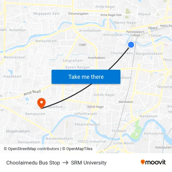 Choolaimedu Bus Stop to SRM University map