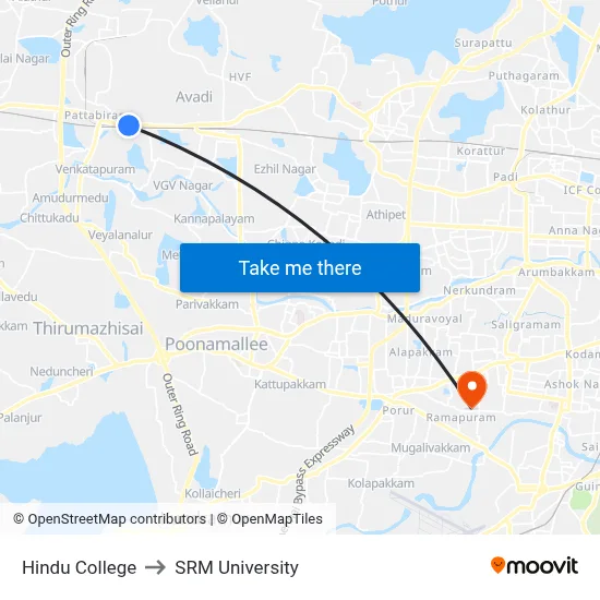 Hindu College to SRM University map