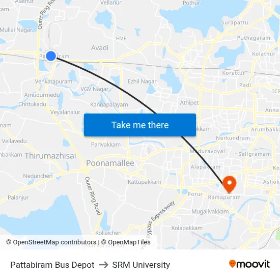 Pattabiram Bus Depot to SRM University map