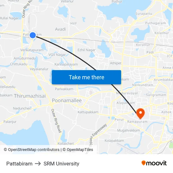 Pattabiram to SRM University map