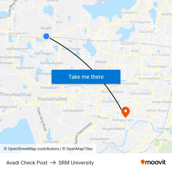 Avadi Check Post to SRM University map