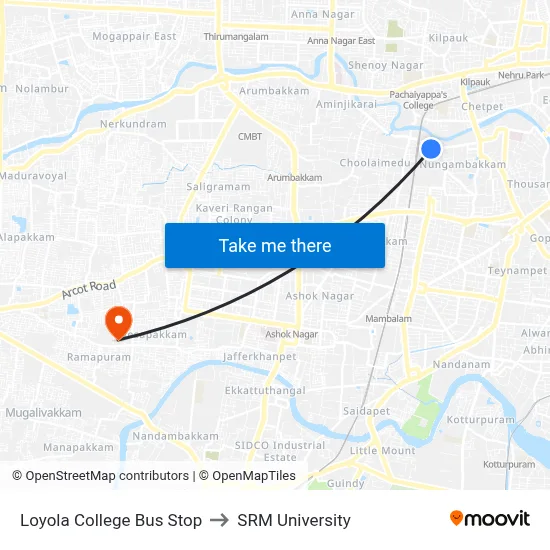 Loyola College Bus Stop to SRM University map