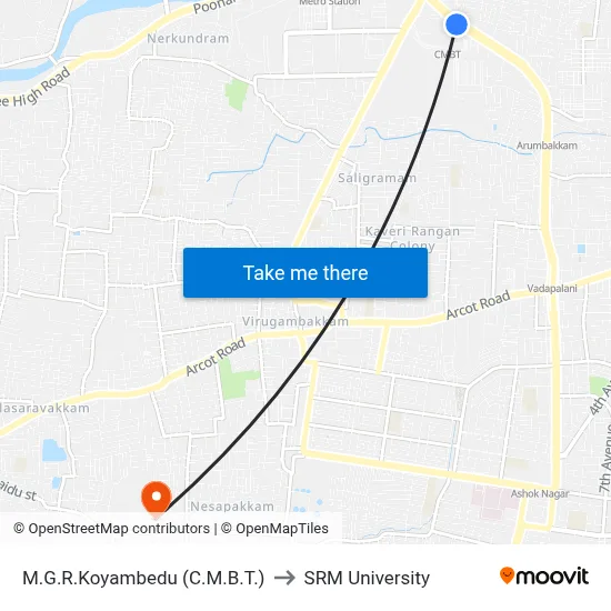 M.G.R.Koyambedu (C.M.B.T.) to SRM University map
