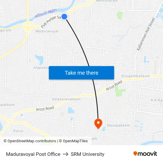 Maduravoyal Post Office to SRM University map