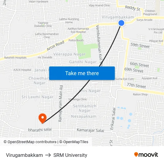 Virugambakkam to SRM University map