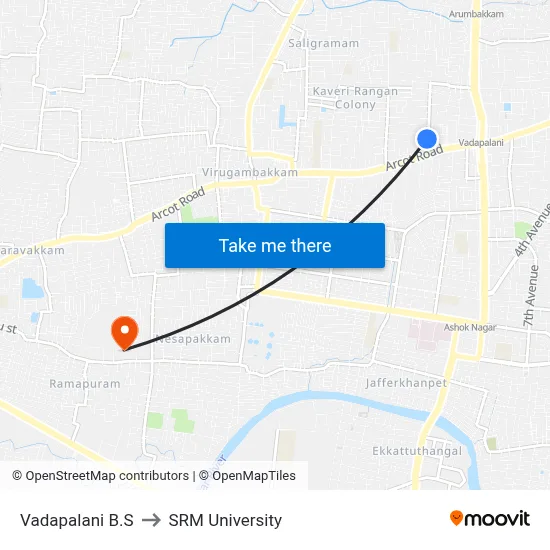 Vadapalani B.S to SRM University map