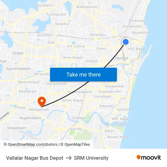 Vallalar Nagar Bus Depot to SRM University map