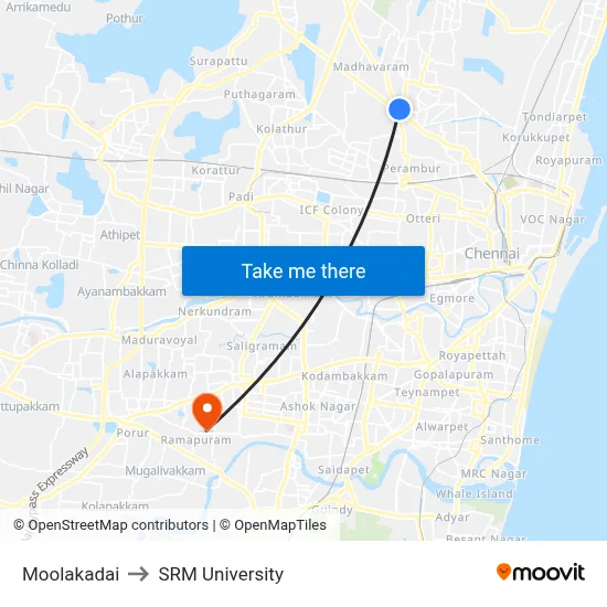 Moolakadai to SRM University map