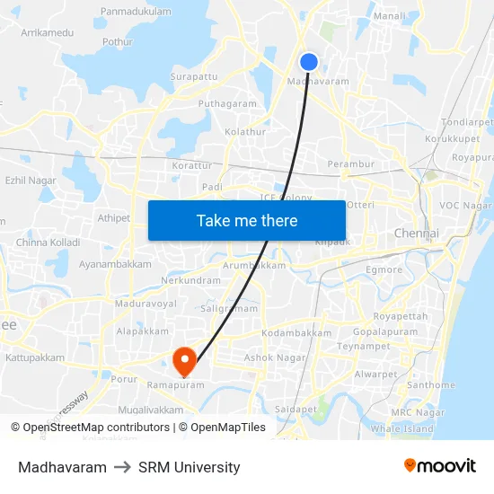 Madhavaram to SRM University map
