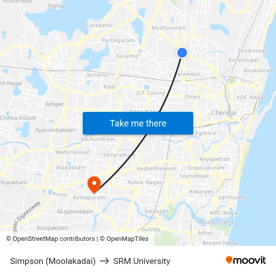Simpson (Moolakadai) to SRM University map