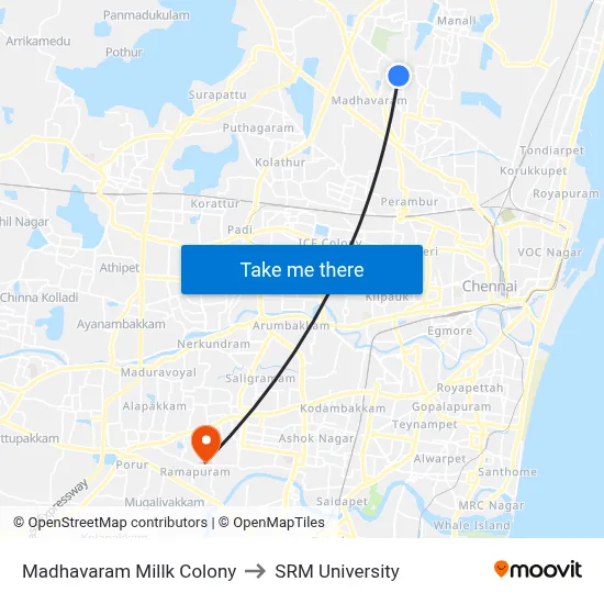 Madhavaram Millk Colony to SRM University map