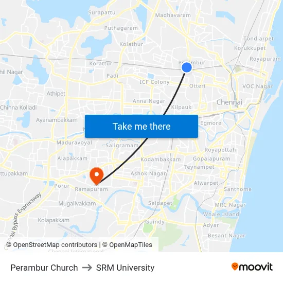 Perambur Church to SRM University map