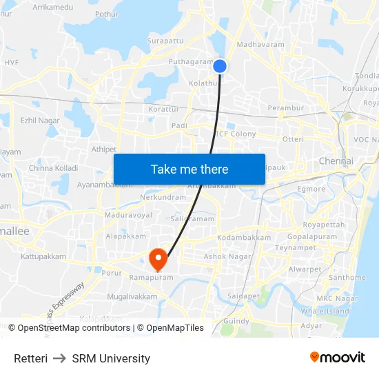 Retteri to SRM University map