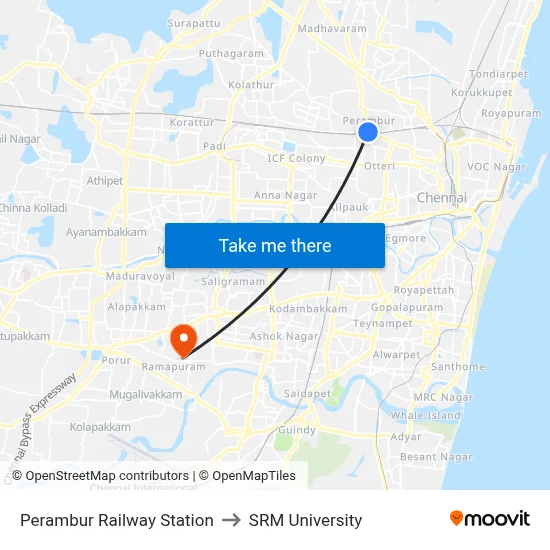 Perambur Railway Station to SRM University map