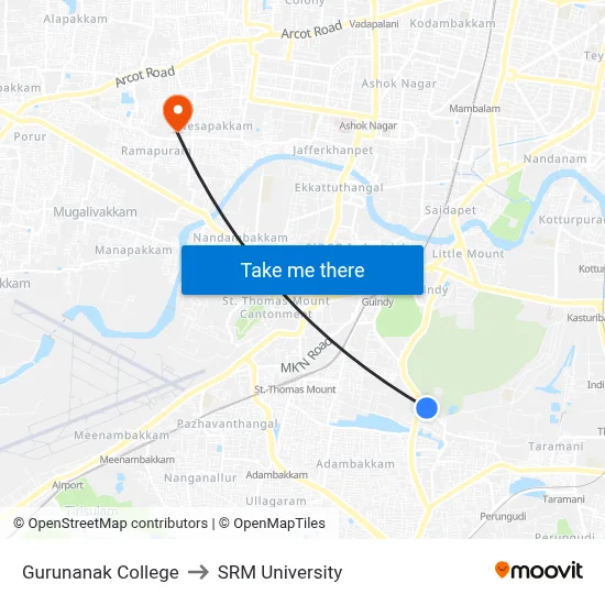 Gurunanak College to SRM University map