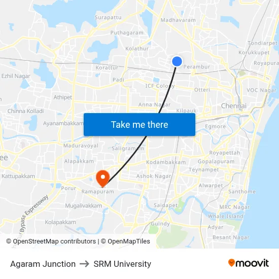 Agaram Junction to SRM University map