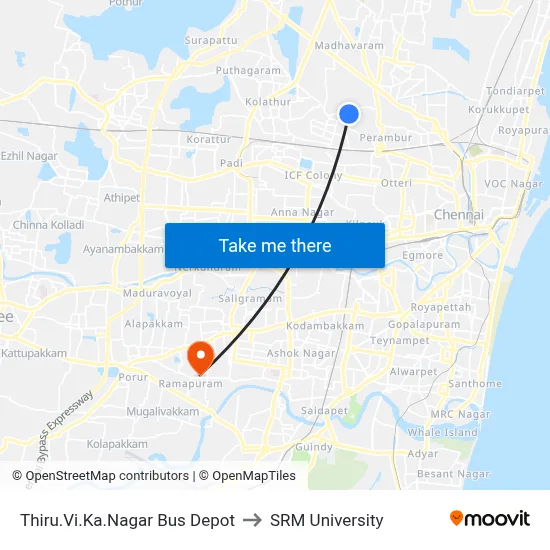 Thiru.Vi.Ka.Nagar Bus Depot to SRM University map
