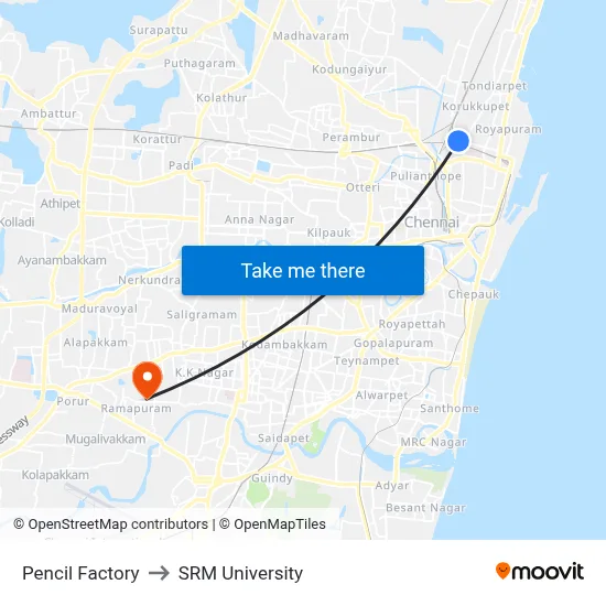 Pencil Factory to SRM University map