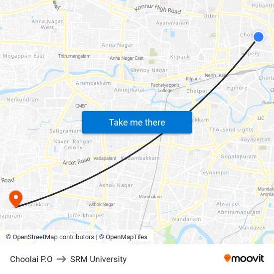 Choolai P.O to SRM University map