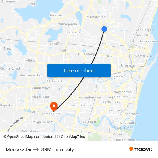Moolakadai to SRM University map