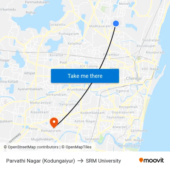 Parvathi Nagar (Kodungaiyur) to SRM University map