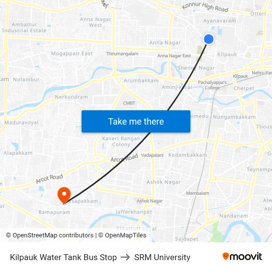 Kilpauk Water Tank Bus Stop to SRM University map