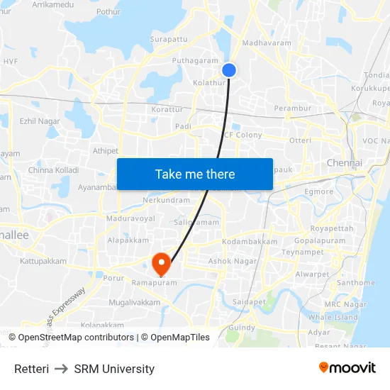 Retteri to SRM University map