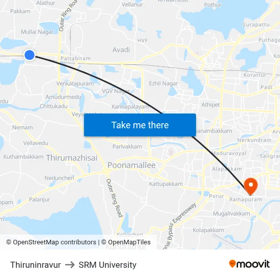 Thiruninravur to SRM University map