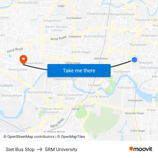 Siet Bus Stop to SRM University map