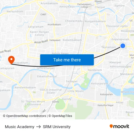 Music Academy to SRM University map