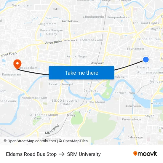 Eldams Road Bus Stop to SRM University map