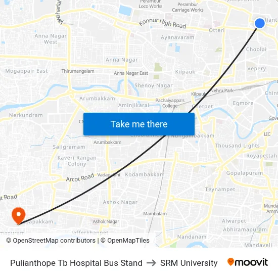 Pulianthope Tb Hospital Bus Stand to SRM University map
