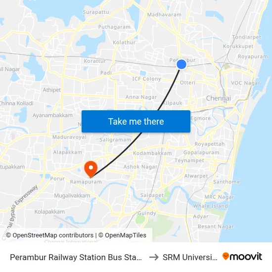 Perambur Railway Station Bus Stand to SRM University map