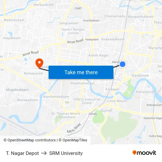 T. Nagar Depot to SRM University map