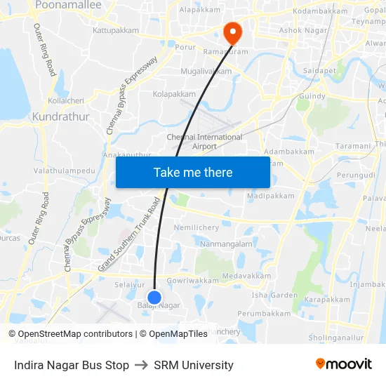 Indira Nagar Bus Stop to SRM University map