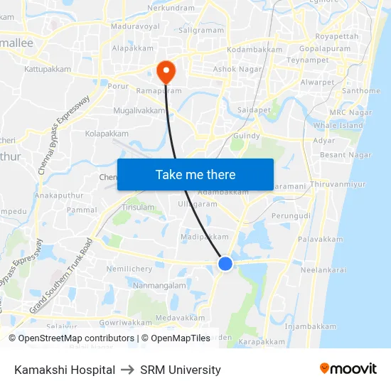 Kamakshi Hospital to SRM University map