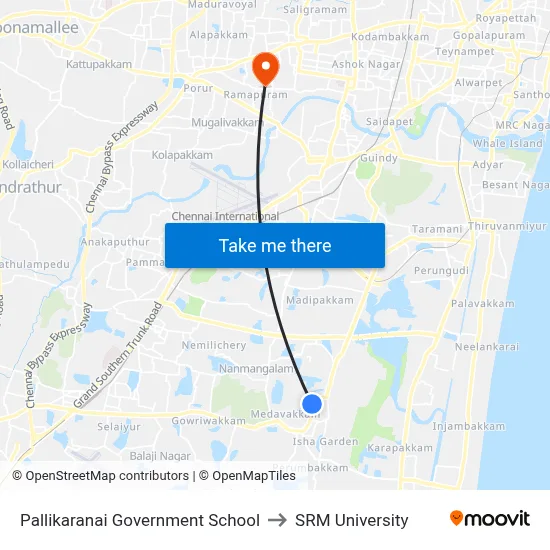 Pallikaranai Government School to SRM University map