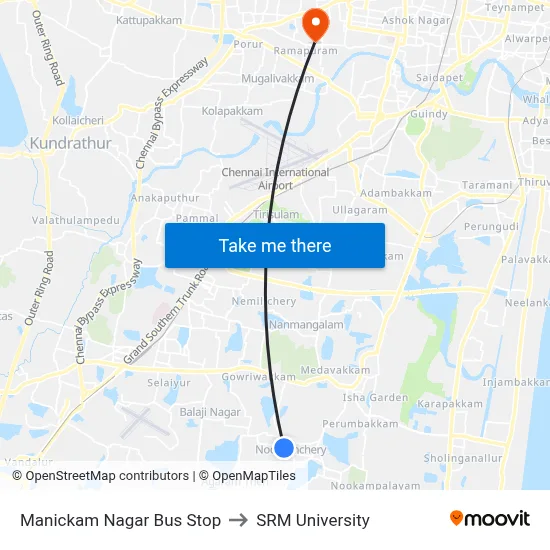Manickam Nagar Bus Stop to SRM University map