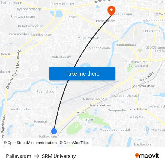 Pallavaram to SRM University map